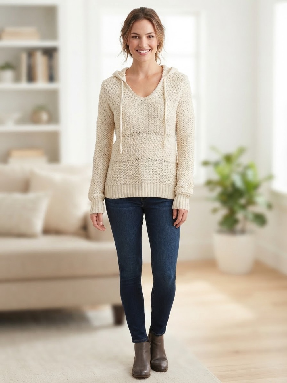 American Rag Cie Cream Open Knit V-Neck Hoodie Sweater Sz Small